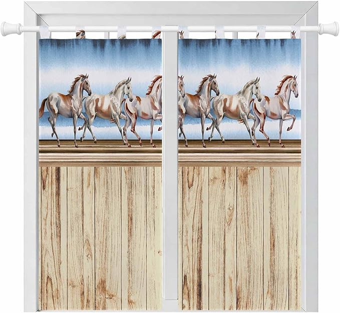 Western Horse Bedroom Curtains 72 Inch Length, Window Curtains Tab Top, Farmhouse Wooden Grain Vintage Cowboy Barn Door Light Filtering Window Treatments Drapes 52"x72" 2 Panel