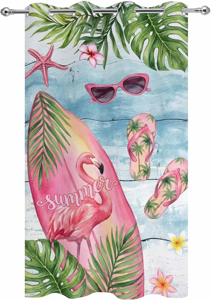 Summer Flamingbirds Outdoor Curtains for Patio Palm Leaves Plumeria Wood Waterproof Outside Curtains with Grommet Top Weatherproof Curtain for Cabana Pergola Gazebo, 1 Panel, 54" W x 108" L
