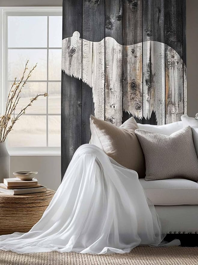 Sheer Curtains 72 Inches Long, White Brown Bear Semi Sheer Curtains Light Filtering Window Treatment, Farmhouse Country Vintage Wood Grain Privacy Voile Drapes for Living Room Bedroom 52x72 Inch