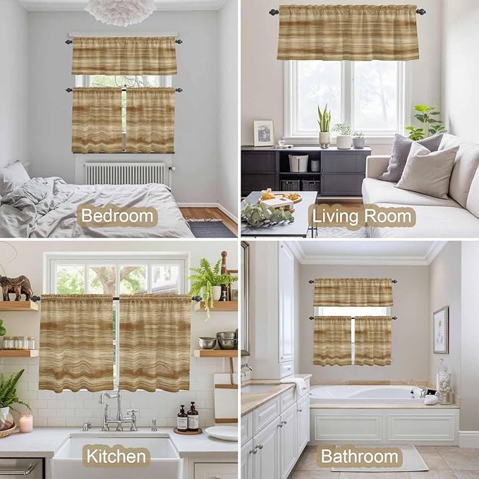 Kitchen Curtains Tiers and Valance Set of 3, Light Brown Wood Grain Light Filtering Window Curtain Set, Western Farmhouse Barn Door Rod Pocket Curtain Drapes for Cafe, Living Room, 36 Inches Tiers