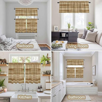 Kitchen Curtains Tiers and Valance Set of 3, Light Brown Wood Grain Light Filtering Window Curtain Set, Western Farmhouse Barn Door Rod Pocket Curtain Drapes for Cafe, Living Room, 36 Inches Tiers