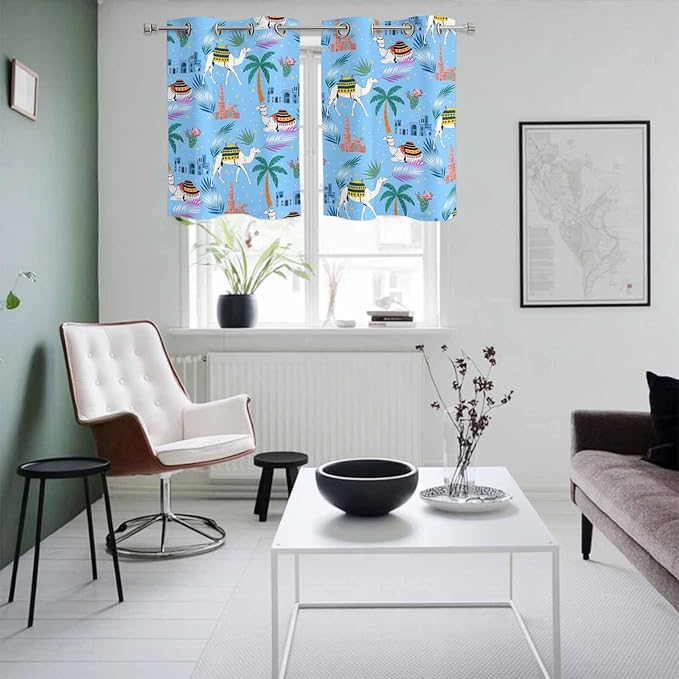 2 Panel Kitchen Cafe Curtains, Desert Landscape Sunlight Filtering Nature Air Through, Home Decor Window Covering Tier Curtains for Living Room 55W x 39L inch Cute Camels Palm Trees Houses Leaves Blue