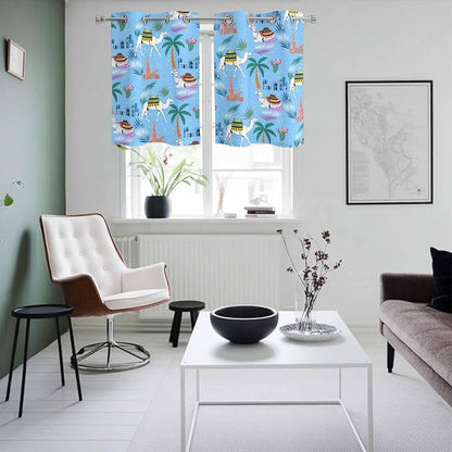 2 Panel Kitchen Cafe Curtains, Desert Landscape Sunlight Filtering Nature Air Through, Home Decor Window Covering Tier Curtains for Living Room 55W x 39L inch Cute Camels Palm Trees Houses Leaves Blue