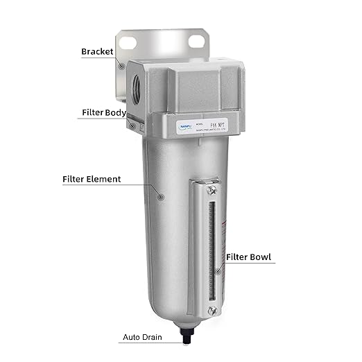 NANPU Industrial Grade Heavy Duty Particulate Filter, Metal Bowl, Suitable for Paint Spray (1/2" NPT, Auto Drain)