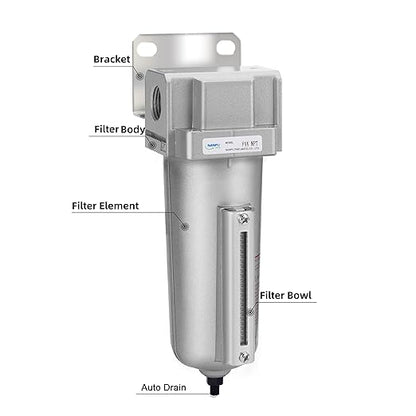 NANPU Industrial Grade Heavy Duty Particulate Filter, Metal Bowl, Suitable for Paint Spray (1/2" NPT, Auto Drain)