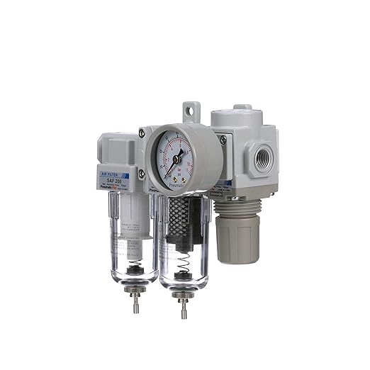 PneumaticPlus SAU230-N02G Three Stage Air Drying System, 1/4" NPT - Particulate Air Filter, Coalescing Filter, Air Pressure Regulator Combo - Poly Bowl, Manual Drain, Bracket, Gauge