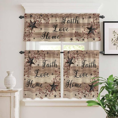 Kitchen Curtains Tiers and Valance Set of 3, Farmhouse Star Brown Light Filtering Window Curtain Set, Retro Branches Berry Wooden Grain Rod Pocket Curtain Drapes for Cafe, Living Room, 36 Inches Tiers