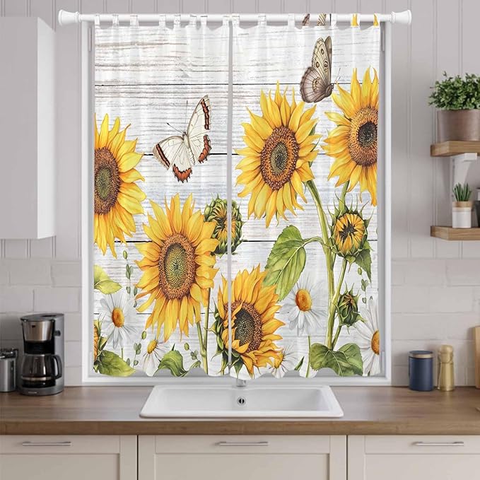 Yellow Sunflowers Living Room Curtains 84 Inch Length, Window Curtains Tab Top, Vintage Country Flowers Butterfly Wood Board Light Filtering Window Treatments Drapes 52"x84" 2 Panel