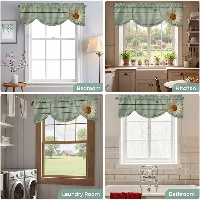 Daisy Flower Tie Up Valance Curtains for Windows, Kitchen Curtains Window Shades, Modern Art Floral Farmhouse Teal Wooden Grain Light Filtering Roman Curtain Valances for Bedroom/Bathroom/Cafe 54"x18"