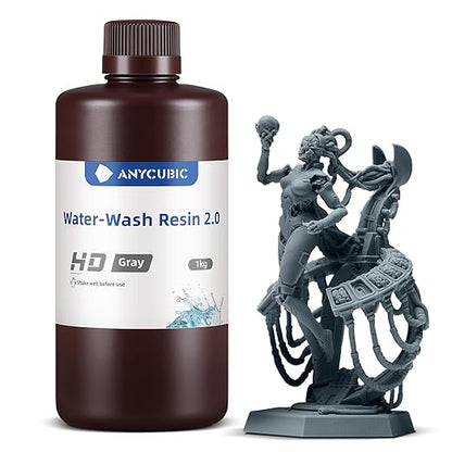 ANYCUBIC Water Washable 3D Printer Resin 2.0, 405nm High Precision 3D Resin, Low Shrinkage Photopolymer Resin for 4K/8K/12K Capable LCD DLP Resin 3D Printer Printing (HD Grey, 1000g)