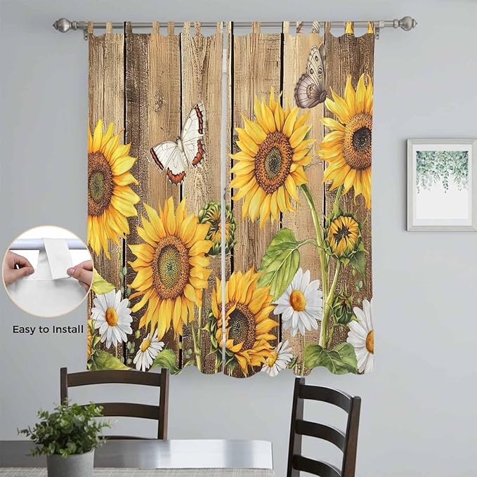 Farmhouse Sunflowers Living Room Curtains 96 Inch Length, Window Curtains Tab Top, Rustic Floral Buttterfly Wood Board Brown Light Filtering Window Treatments Drapes 52"x96" 2 Panel