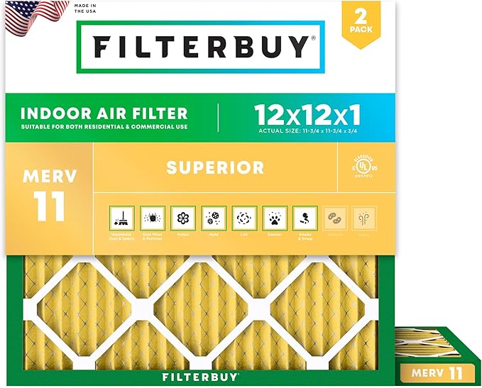 Filterbuy 12x12x1 Air Filter MERV 11 Superior Pet & Allergy Defense (2-Pack), Electrostatic Pleated HVAC AC Furnace Filters Replacement, Made in USA (Actual Size: 11.75 x 11.75 x 0.75)