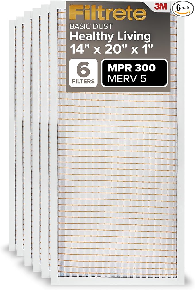 Filtrete 14x20x1 AC Furnace Air Filter MERV 5 MPR 300 Capture Unwanted Particles 3-Month Pleated 1-Inch Electrostatic Air Cleaning Filter, 6-Pack (Actual Size 13.81x19.81x0.81 in)