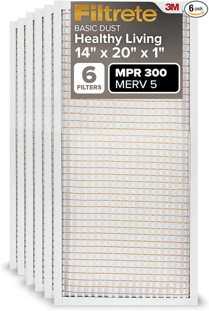 Filtrete 14x20x1 AC Furnace Air Filter MERV 5 MPR 300 Capture Unwanted Particles 3-Month Pleated 1-Inch Electrostatic Air Cleaning Filter, 6-Pack (Actual Size 13.81x19.81x0.81 in)