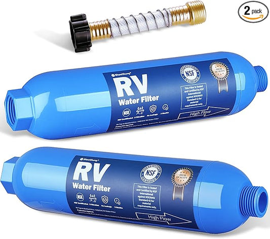SheeChung RV Water Filter 2Pack with Flexible Hose Protector, NSF Certified, Inline Hose Water Filter for RV, Boat, Campsite – Reduces Odors, Bad Taste, Chlorine, Rust
