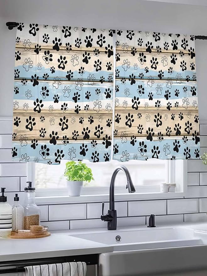 Sheer Curtains 54 Inch Length, Blue Dog Paw Print Semi Sheer Curtains Light Filtering Window Treatment, Vintage Farmhouse Rustic Wooden Grain Privacy Voile Drapes for Living Room Bedroom 52x54 Inch