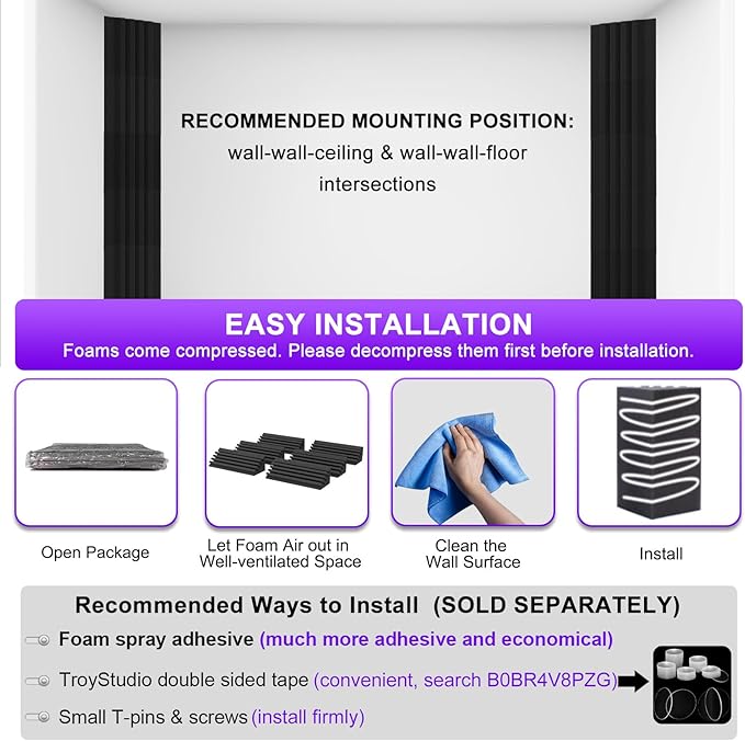 TroyStudio Bass Traps - 24 Pcs 4 X 4 X 12 Inches Dense Thick Studio Bass Foam Corner, Acoustic Treatment Panel Absorbing Echo Reverb, Low Frequency Sound Absorber for Music Room Home Recording