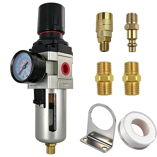 HengMinLingTong 3/8" NPT Compressed Air Filter Regulator Combo Piggyback, 5 Micron Brass Element, Poly Bowl, Semi-Auto Drain, Metal Bracket, 0-150 psi AW3000-03