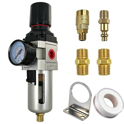 HengMinLingTong 3/8" NPT Compressed Air Filter Regulator Combo Piggyback, 5 Micron Brass Element, Poly Bowl, Semi-Auto Drain, Metal Bracket, 0-150 psi AW3000-03