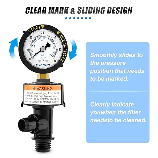 MEANLIN MEASURE 98209800 High Flow Air Relief Valve Replacement for Pool and Spa Filter, Air Relief Manual Valve Assembly with 60Psi Steel Start and Clean Filter Pressure Gauge