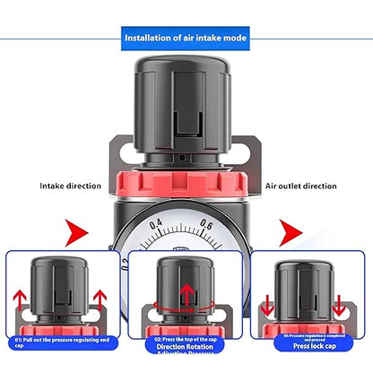 Compressed Air Pressure Filter Regulator Airtac BFR2000-C 1/4'' NPT 0-140 PSI Combo Piggybac Adjustable,Bracket,Gauge Semi-Auto Drain