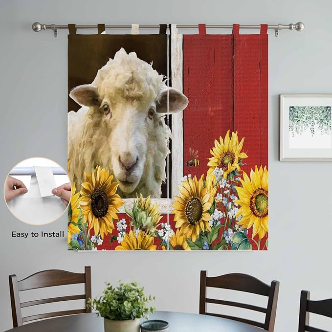Sheep Flowers Bedroom Curtains 72 Inch Length, Window Curtains Tab Top, Country Red Barn Botanical Sunflowers Light Filtering Window Treatments Drapes 52"x72" 2 Panel