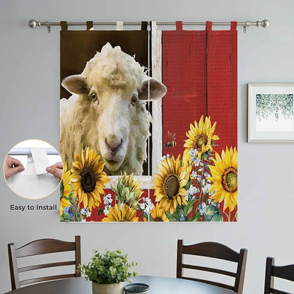Sheep Flowers Bedroom Curtains 72 Inch Length, Window Curtains Tab Top, Country Red Barn Botanical Sunflowers Light Filtering Window Treatments Drapes 52"x72" 2 Panel