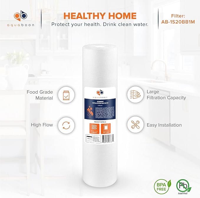 Aquaboon 1 Micron 20 x 4.5 Sediment Water Filter Replacement Cartridge | Whole House Sediment Filtration | Compatible with AP810-2, SDC-45-2005, FPMB5-20, P5-20, FP25B, 155358-43, 6 Pack