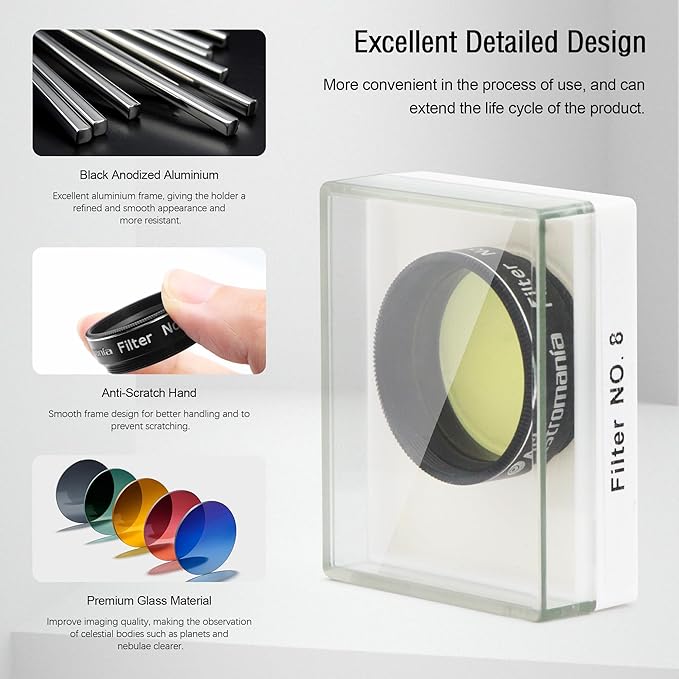 Astromania Telescope Filter, Planetary Filter with Metal Frame for Astronomical Telescope Eyepiece, 1.25 Inch Telescope #8 Yellow Color Filter for Enhancing Contrast in Lunar Planetary Observation