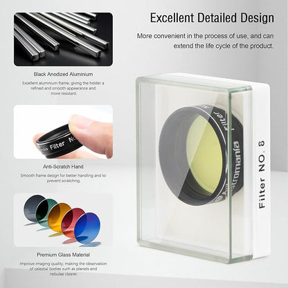 Astromania Telescope Filter, Planetary Filter with Metal Frame for Astronomical Telescope Eyepiece, 1.25 Inch Telescope #8 Yellow Color Filter for Enhancing Contrast in Lunar Planetary Observation