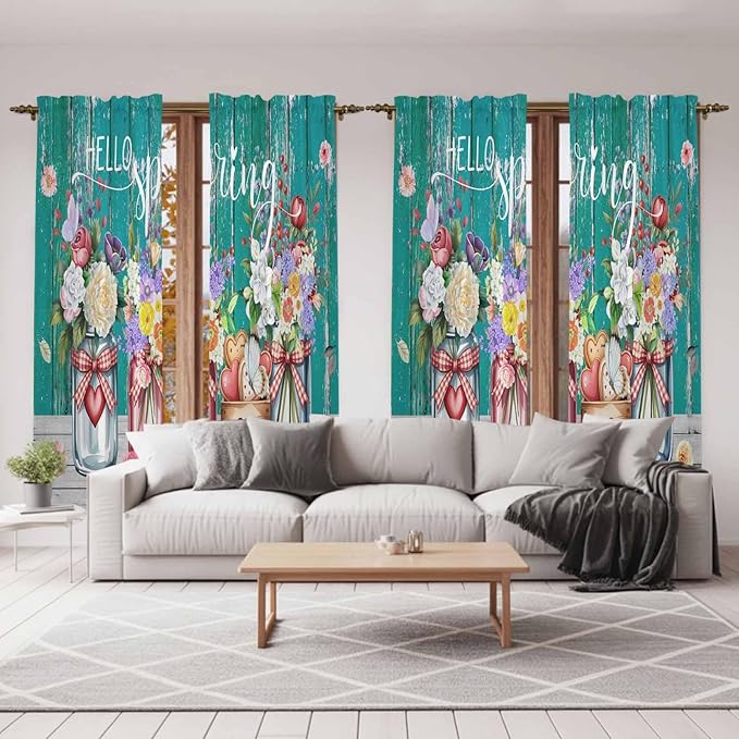 Spring Flowers Kitchen Curtains, Farmhouse Watercolor Teal Wood Grain Light Filtering Window Curtain Panels, 2Pcs Rod Pocket Window Treatments Set for Living Room Bathroom Bedroom 52x72 Inches