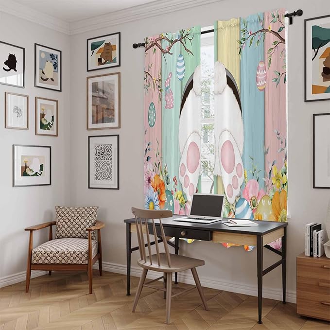 Easter Window Curtains 72 Inch Long 2 Panel Set, Rod Pocket Long Curtains & Drapes, Spring Colorful Bunny Eggs Flower Wood Grain Light Filtering Window Treatment for Bedroom Living Room 52"W x 72"L