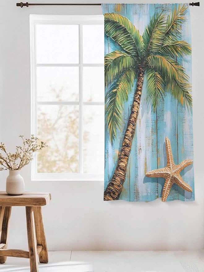 Sheer Curtains 72 Inches Long, Coastal Beach Tree Semi Sheer Curtains Light Filtering Window Treatment, Summer Tropical Starfish Wood Grain Privacy Voile Drapes for Living Room Bedroom 52x72 Inch