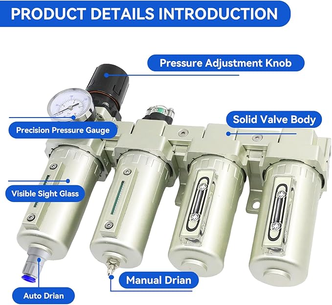 1/2" NPT Industrial Grade 4 Stage Air-Dryer-for-Compressor, Air-Compressor-Water-Separator-System for Plasma Cutter and Paint Spray,2Filter&2Dryer system，Auto Drain