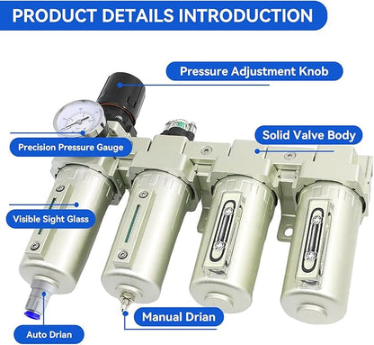 3/4" NPT Industrial Grade 4 Stage Air-Dryer-for-Compressor, Air-Compressor-Water-Separator-System for Plasma Cutter and Paint Spray, 2Filter&2Dryer system,Auto Drain