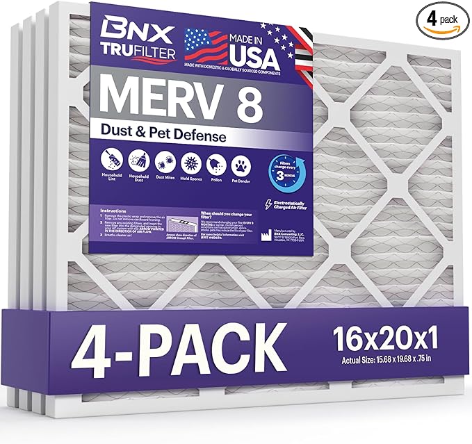 BNX TruFilter 16x20x1 Air Filter MERV 8 (4 Pack) - MADE IN USA – Dust & Pet Defense Electrostatic Pleated Air Conditioner HVAC AC Furnace Filters for Dust, Pet, Mold, Pollen MPR 600 – 700 & FPR 5