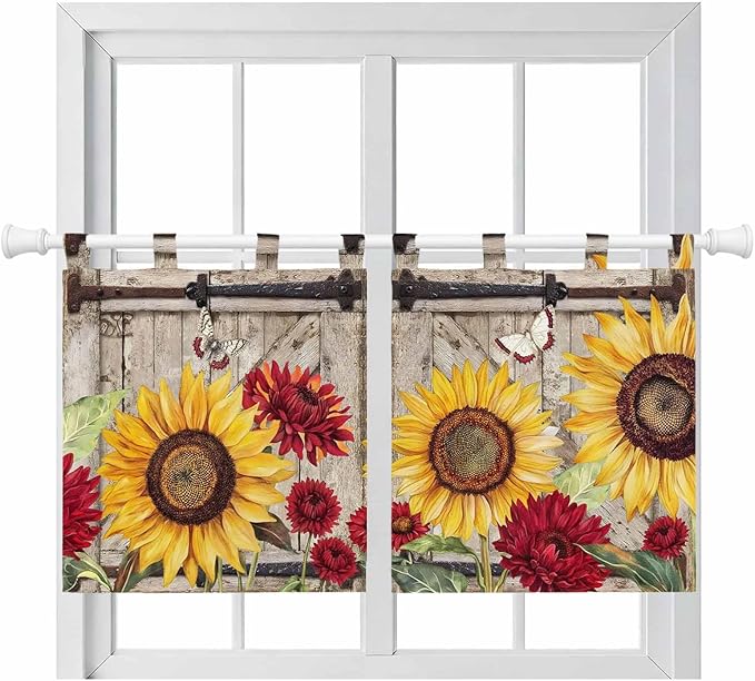 Sunflowers Kitchen Curtains 36 Inch Length, Small Window Curtains Tab Top, Retro Flower Barn Doors Butterfly Farmhouse Brown Light Filtering Short Window Treatments Tier Drapes 27.5"x36" 2 Panel