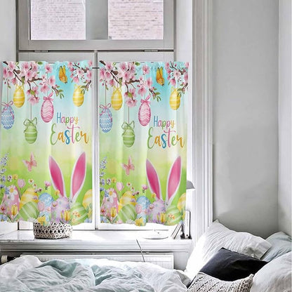 Easter Kitchen Curtains 54 Inches length, Spring Bunny Colorful Rabbit Eggs Butterfly Blue Green Window Treatment Curtain Drapes, Decorative Window Curtains for Bedroom Cafe, 52"x54", 2 Panels