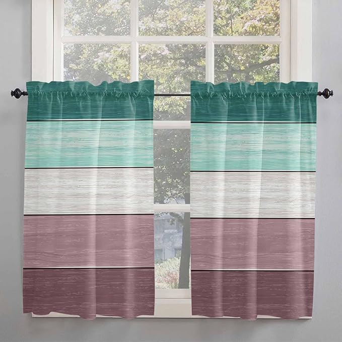 Retro Farm Woodcuts Texture Window Valance Curtains, Green Brown Gradient Light Filtering Kitchen Valance with 3-inch Rod Pocket for Living Room Bathroom Bedroom,2 Panel,42x54In