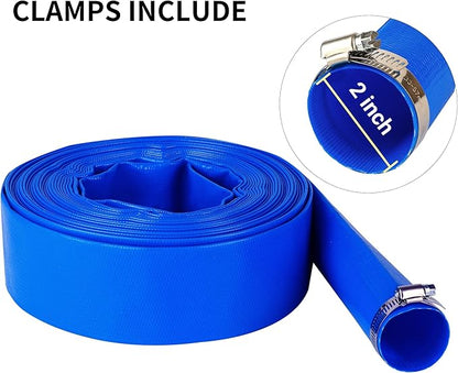 2" x 50 FT Pool Backwash Hose Blue Heavy Duty Reinforced PVC Lay Flat Water Discharge Hose for Swimming Pool Filter Pump,with 2 Clamp