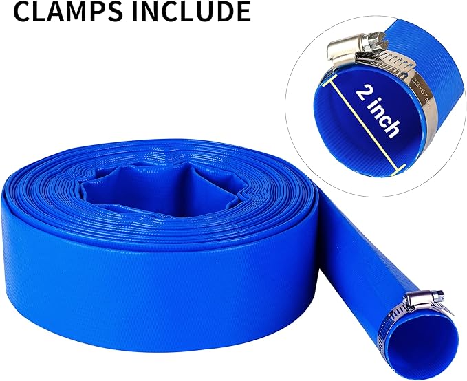 2" x 25 FT Pool Backwash Hose Blue Heavy Duty Reinforced PVC Lay Flat Water Discharge Hose for Swimming Pool Filter Pump,with 2 Clamp