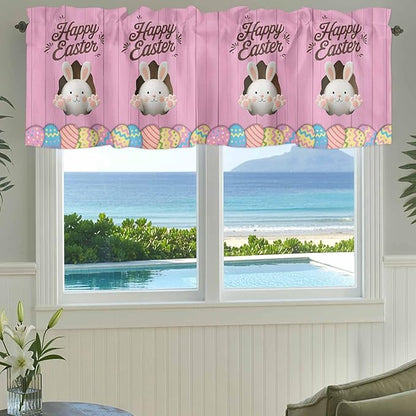 Pink Easter Curtain Valances for Windows, Kitchen Valance Window Treatment, Easter Bunny Eggs Spring Cartoon Farmhouse Wood Grain Light Filter Block Curtains for Bathroom/Bedroom/Living Room 42''x12''