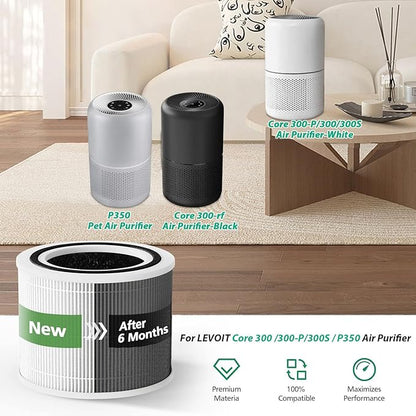 Core 300 Replacement Filter Compatible with LEVOIT Core 300, 300S, P350 VortexAir, Core 300S Filter with 3-in-1 H13 True HEPA, 4-Pack Core 300-RF Filters,White