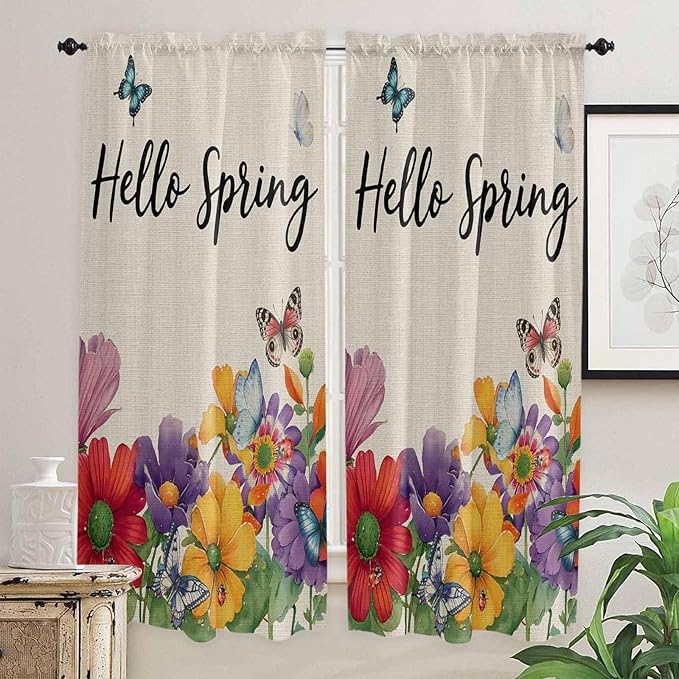 Spring Flowers Living Room Curtains 72 Inches length, Farmhouse Vintage Country Colorful Floral Window Treatment Curtain Drapes, Light Filtering Drapes for Bedroom Laundry Room, 52"x72", 2 Panels
