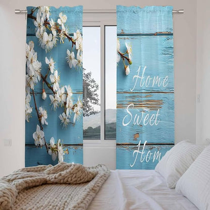 Farmhouse Wooden Grain Kitchen Curtains, Vintage Shabby Chic Flower Blue Light Filtering Window Curtain Panels, 2Pcs Rod Pocket Window Treatments Set for Living Room Bathroom Bedroom 52x72 Inches