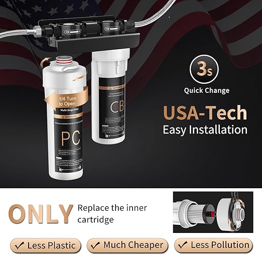 Under Sink Water Filter System, 2-Stage Deep Filtration, Reduce Heavy Metals/Chlorine/PFAS/Odor/Sediment, NSF/ANSI 42&53 Improve Taste, Life Indication Mineral pH+ Under Sink Water Filter