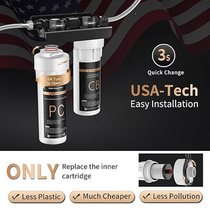 Under Sink Water Filter System, 2-Stage Deep Filtration, Reduce Heavy Metals/Chlorine/PFAS/Odor/Sediment, NSF/ANSI 42&53 Improve Taste, Life Indication Mineral pH+ Under Sink Water Filter