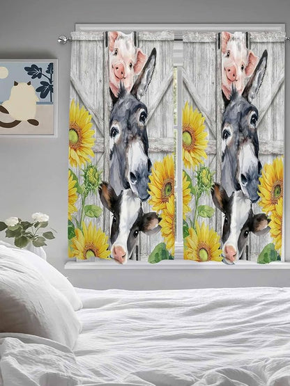 Farmhouse Living Room Curtains 72 Inches length, Watercolor Sunflowers Animals Printed Wood Grain Window Treatment Curtain Drapes, Light Filtering Drapes for Bedroom Laundry Room, 52"x72", 2 Panels