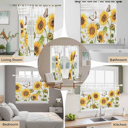 Yellow Sunflowers Living Room Curtains 84 Inch Length, Window Curtains Tab Top, Vintage Country Flowers Butterfly Wood Board Light Filtering Window Treatments Drapes 42"x84" 2 Panel