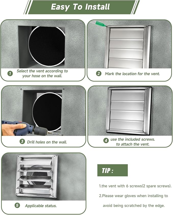 4" Metal Dryer Vent Cover Outside with Pest Guard Screen, 304 Stainless Steel Outdoor Exterior Wall Air Vent Cover with 6 Screws and Rubber Gasket for Bathroom Exhaust Vent Office Home